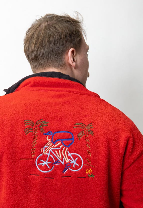 Cyclist Bike Embroidered Red Fleece Jacket Reworked 90s Palm Trees Wearable Art Unisex M