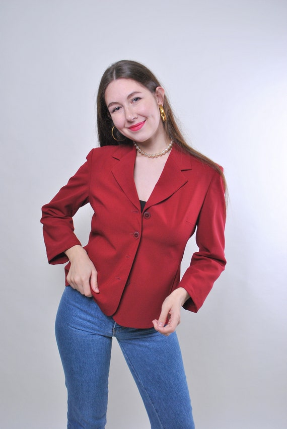 90s Red Blazer Vintage Notch Lapel Single Breasted Fitted Jacket Size M
