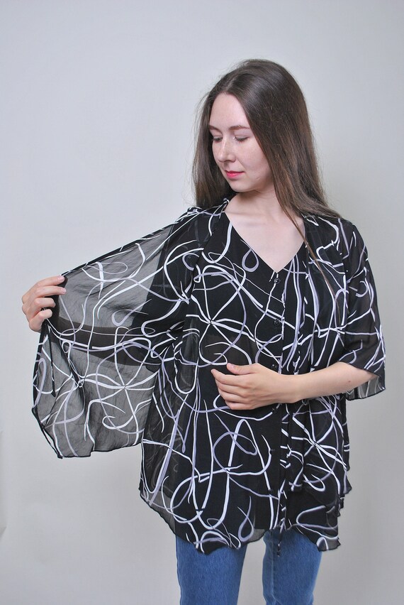 Vintage 90s Black Sheer Blouse, White Ribbon Line Art Print, Flutter Sleeve, Size L