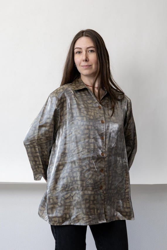 90s Silver Croc Print Metallic Blouse Vintage Foil Oversized Button Up Size L