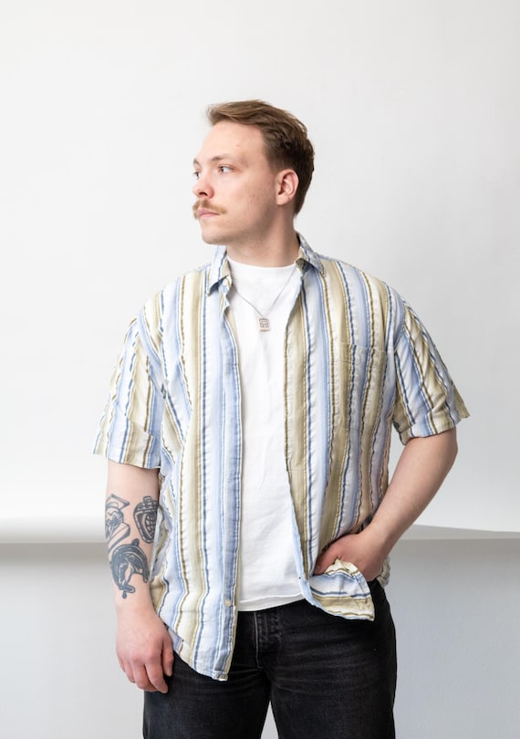 Striped Short Sleeve Shirt 90s Blue Olive Cream Cotton Summer Button Up M