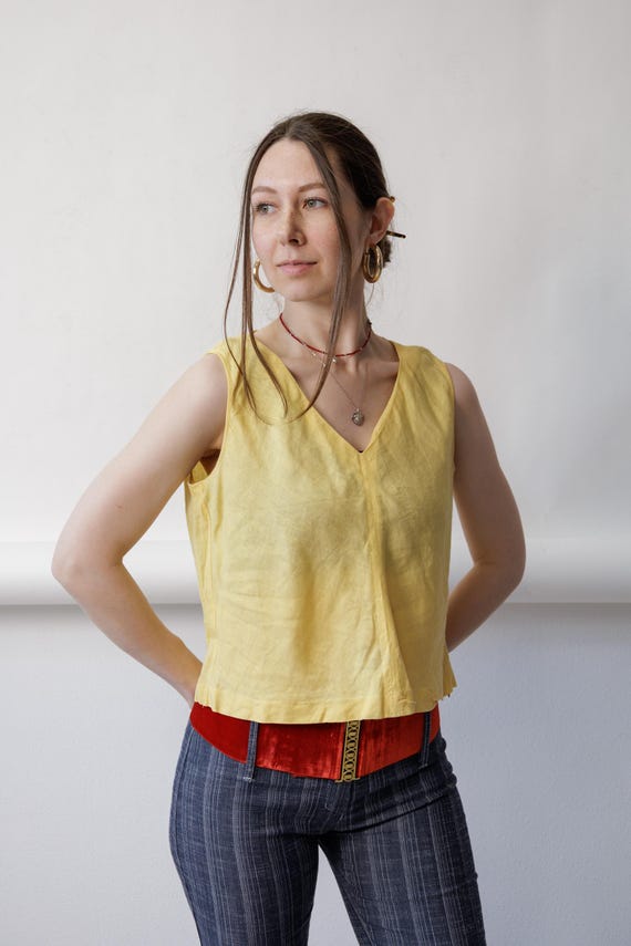 90s Yellow V Neck Tank Top Cotton Vintage Sleeveless Crop Top Size M