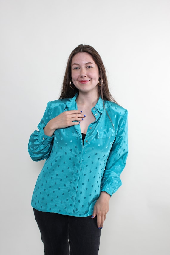 Teal Satin Jacquard Blouse Diamond Pattern Old Money Office Siren 90s Size L