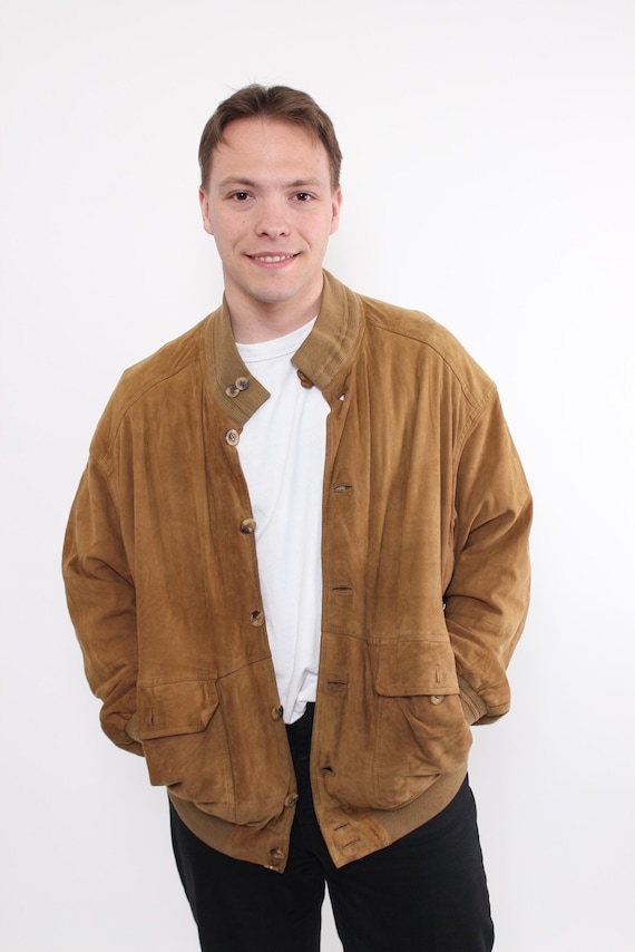 Vintage 90s Brown Suede Leather Bomber Jacket L Retro Aviator Jacket Button Up Coat