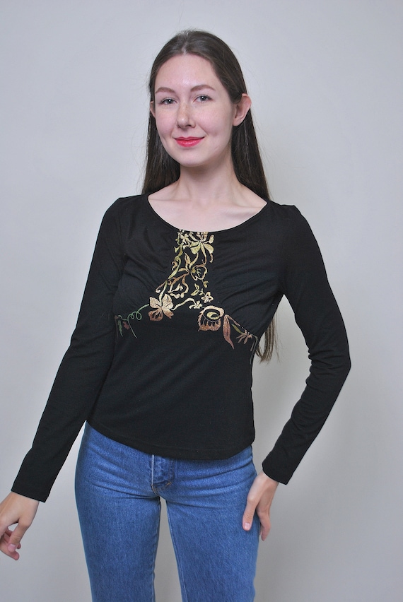 Y2k Black Floral Embroidered Top Vintage Fitted Stretch Scoop Neck Blouse Size XL
