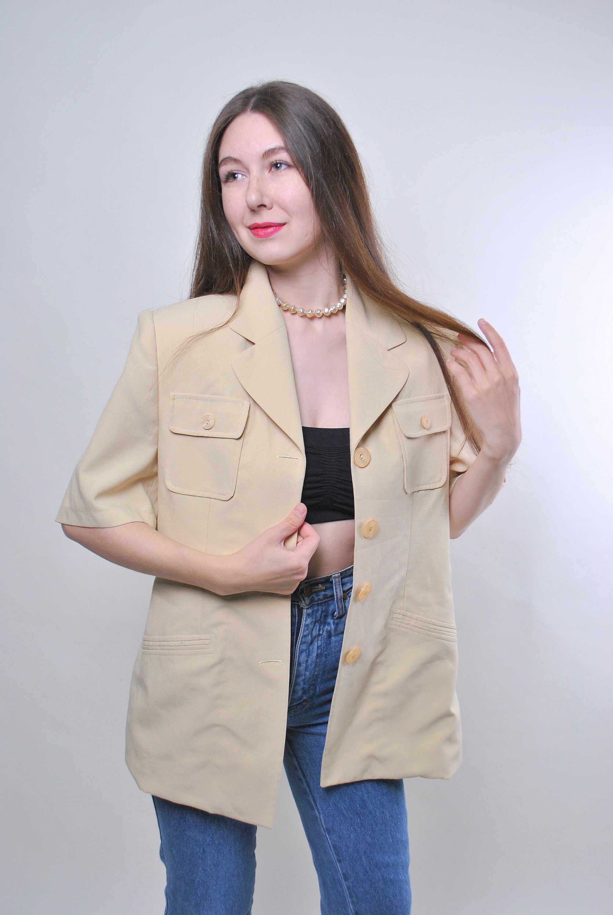 Vintage short sleeve utility yellow blazer jacket Size L Etsy