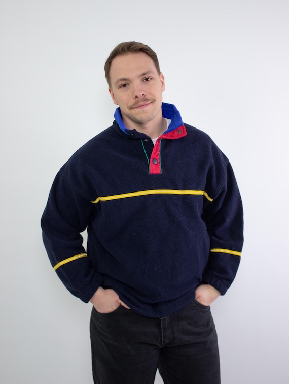 Vintage 90s Colorblock Fleece Sweatshirt, Navy Pullover with Yellow Stripe, Size L