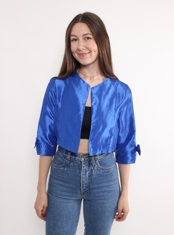 Y2k Electric Blue Satin Bolero Cropped Bow Cuff Evening Jacket Shrug Large