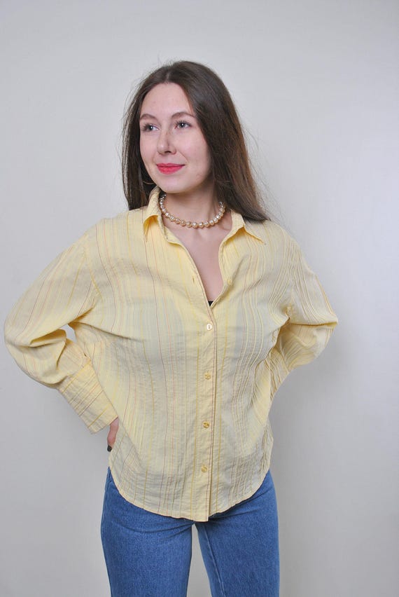 90s Pale Yellow Striped Blouse Vintage Textured Stripe Cotton Button Up Size L