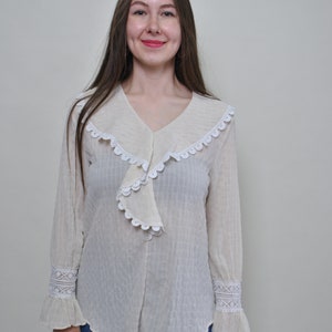 Vintage Beige Ruffle Blouse: Victorian Style, Size L
