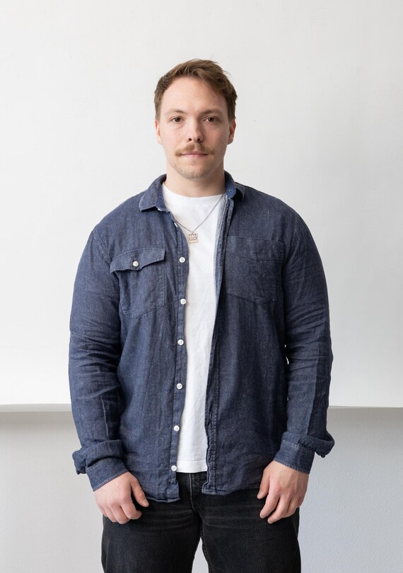 90s Indigo Cotton Linen Shirt Vintage Workshirt Two Pocket Button Up Size M