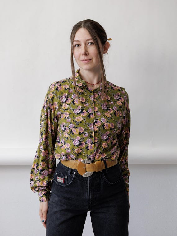 90s Rose Print Olive Green Blouse Vintage Ditsy Floral Viscose Bishop Sleeve Shirt M