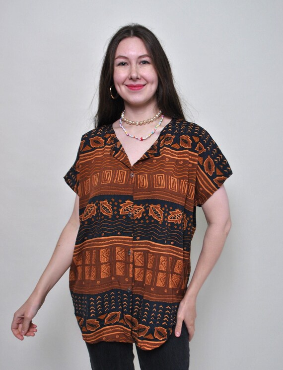 Batik Border Print Shirt, Vintage 80s Italian Viscose Button Blouse, Size L