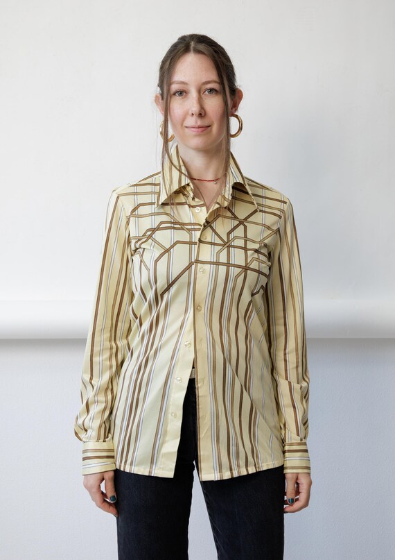 90s Cream Brown Striped Blouse Vintage Geometric Print Satin Collared Size M