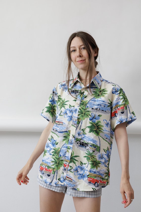 90s Classic Car Hawaiian Shirt Palm Tree Hibiscus Print Cream Mens M