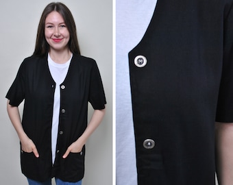 Minimalist linen blouse, vintage black button up shirt - MEDIUM size 90s women fashion relaxed summer short Sleeve casual overshirt, Size M