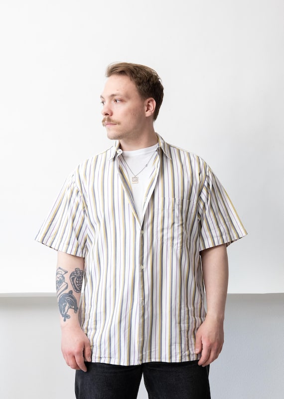 90s Multi Stripe Short Sleeve Shirt Vintage Boxy Fit Oversized Cotton Size L