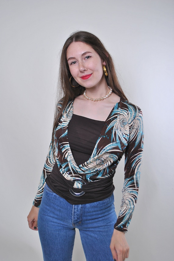 y2k abstract print blouse in brown, vintage 2000s pullover crop blouse, Size S