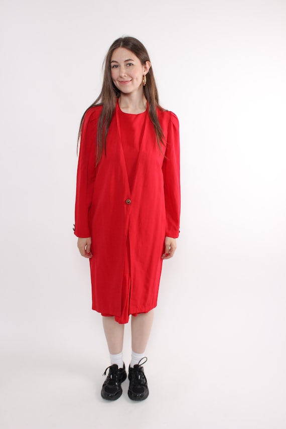 90s Red Midi Dress, Blazer Style, Long Sleeve, Retro Office Wear