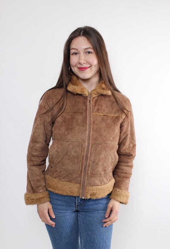 90s faux sheepskin jacket, vintage shearpa jacket, fake fur shearling coat, Size M