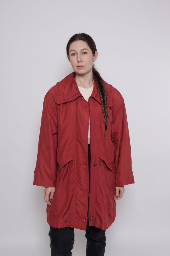 Vintage Red Hooded Trench Coat Women 90s Raincoat Lightweight Vintage Jacket, Size XL