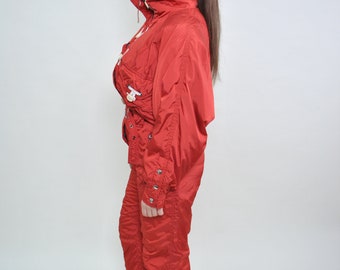Combinaison De Ski Vintage Une Pièce Années 90 - Couleur Orange Colorblock, Taille M Femme, Occasion Rétro