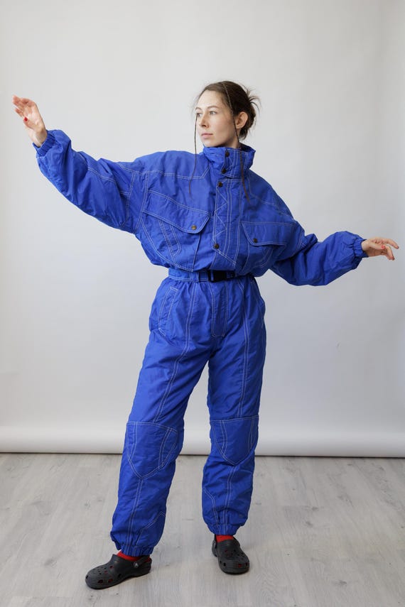 90s Cobalt Blue Contrast Stitch Vintage Mens Ski Suit One Piece Snowsuit Size S