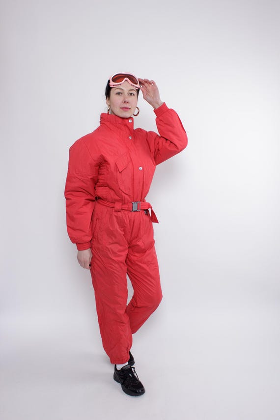 90s Vintage K-way One Piece Ski Suit: Retro Red Winter Jumpsuit, Size L