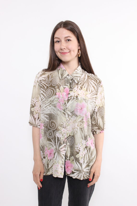 90s Floral Viscose Blouse: Vintage Green Button-Up Shirt (Size L)