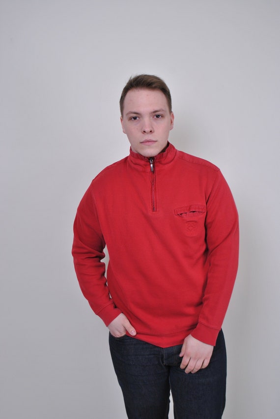 90s Quarter Zip Sweatshirt in Red Vintage Minimalist High Neck Sweatshirt With Front Pocket Size M Etsy