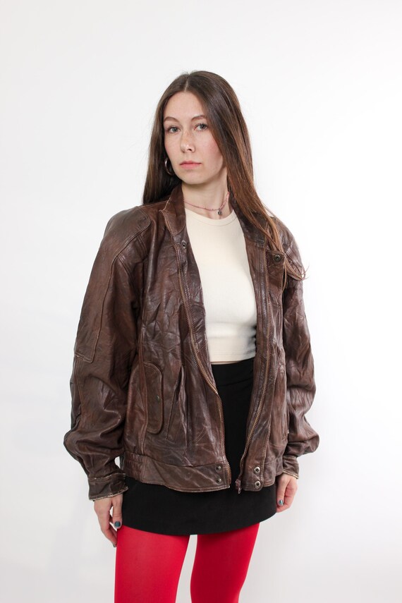 90s Crinkle Leather Bomber Vintage Chestnut Brown Washed Patina Band Collar Jacket Size XL