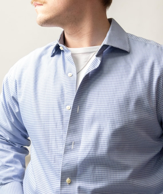 90s Blue Graph Check Shirt Vintage Long Sleeve Minimalist Cotton Button Up Size M