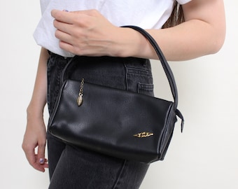 Minimalist black mini bag, vintage 90s casual top handle bag, retro shoulder bag