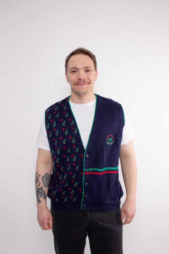 Navy Crest Embroidered Geometric Print Knit Vest Sleeveless Cardigan Size M
