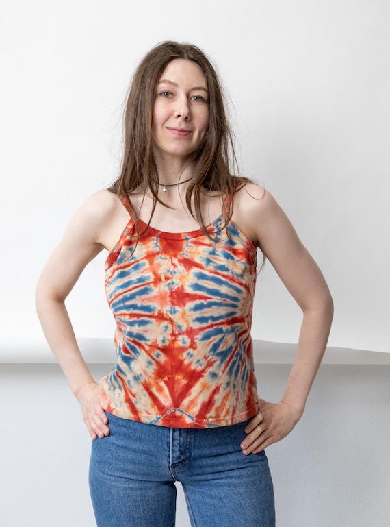 Y2K Tie Dye Tank Top Vintage Rust Red Blue Starburst Festival Rave Size S