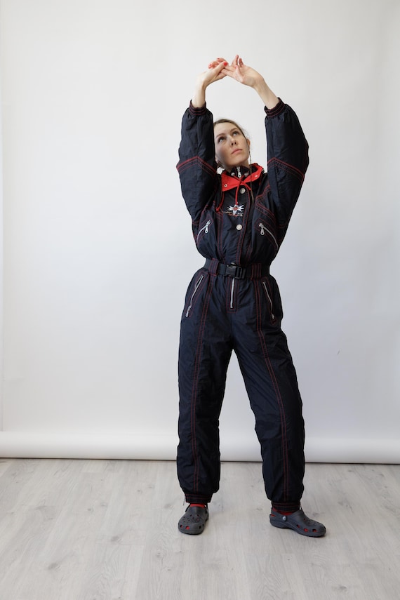 90s Black Red Contrast Stitch Vintage Ski Suit Lightning Embroidery One Piece Snowsuit Size L