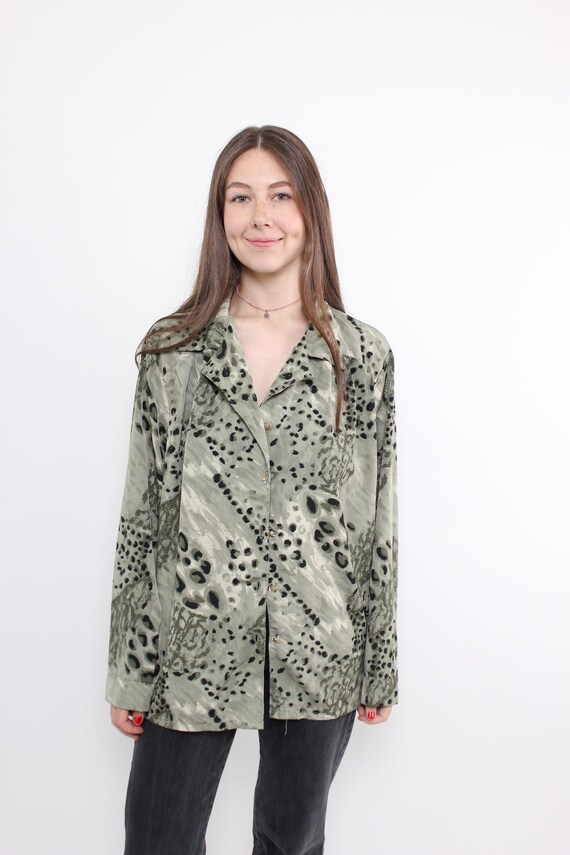 Sage Green Abstract Spot Print Oversized Blouse Made in France Size XL