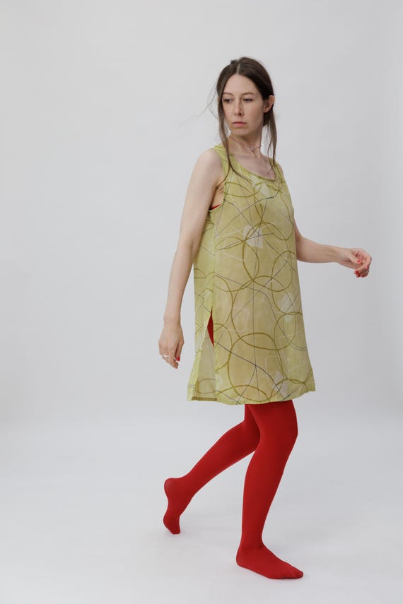 Vintage Chartreuse Abstract Print Sheer Slip Dress Sleeveless Size L