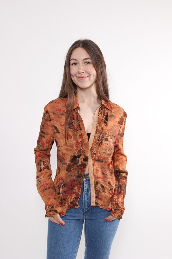 Vintage safari animal print blouse, 90s lightweight brown ruffle shirt with giraffe, Size S-M