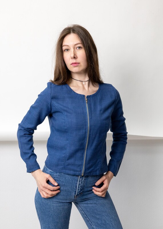 90s Blue Linen Weave Blouse Vintage Fitted Zip Front Minimalist Cropped Shirt Size M