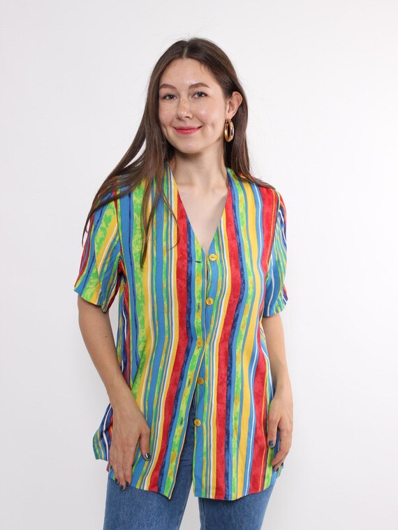 Rainbow Stripe Viscose Blouse with Gold Buttons, 80s Dopamine Dressing Top, M