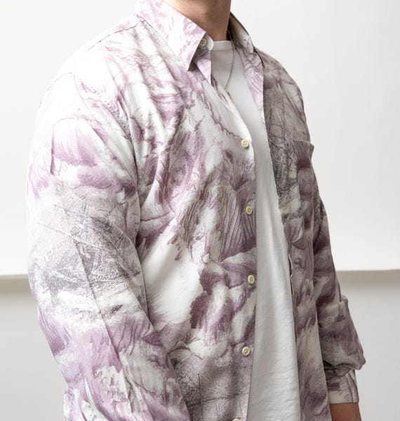 90s Purple Abstract Print Shirt Vintage Made in Italy Viscose Button Up Size M