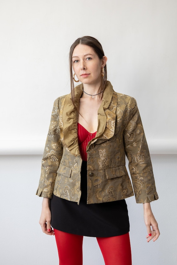 Y2K Gold Floral Brocade Jacket Vintage Ruffle Collar Baroque Party Blazer Size M
