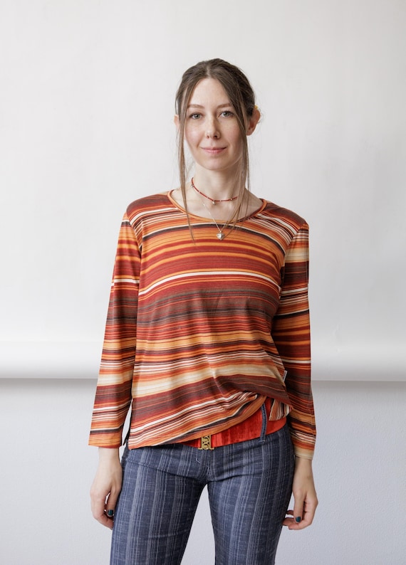 Y2K Orange Brown Striped Long Sleeve Top Stretchy Fitted 70s Style Autumn Shirt M