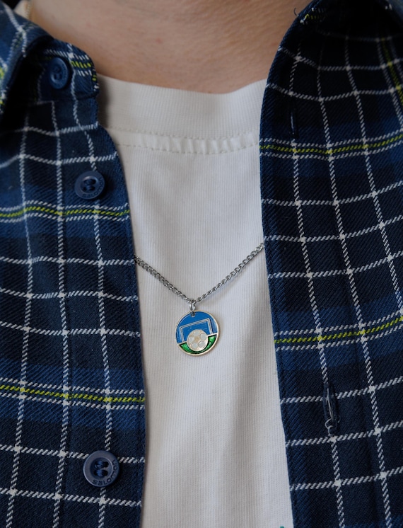 Football Goal Pendant Necklace Blue Enamel Reworked Vintage Soccer Charm Small Round Gift