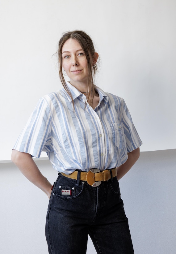 90s Blue White Striped Shirt Vintage Textured Crinkle Boxy Pocket Button Up Blouse L