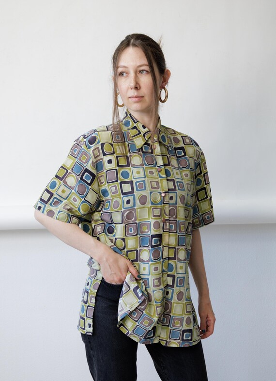 80s Geometric Print Blouse Vintage Green Blue Short Sleeve Oversized Shirt Size M