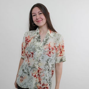 90s floral print vocation blouse, vintage Hawaiian inspired flowers button front blouse, Size L