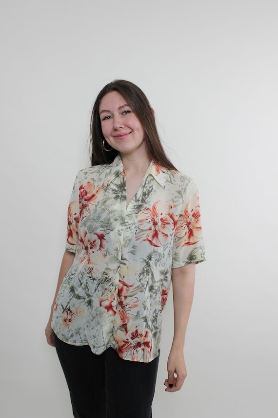 90s floral print vocation blouse, vintage Hawaiian inspired flowers button front blouse, Size L