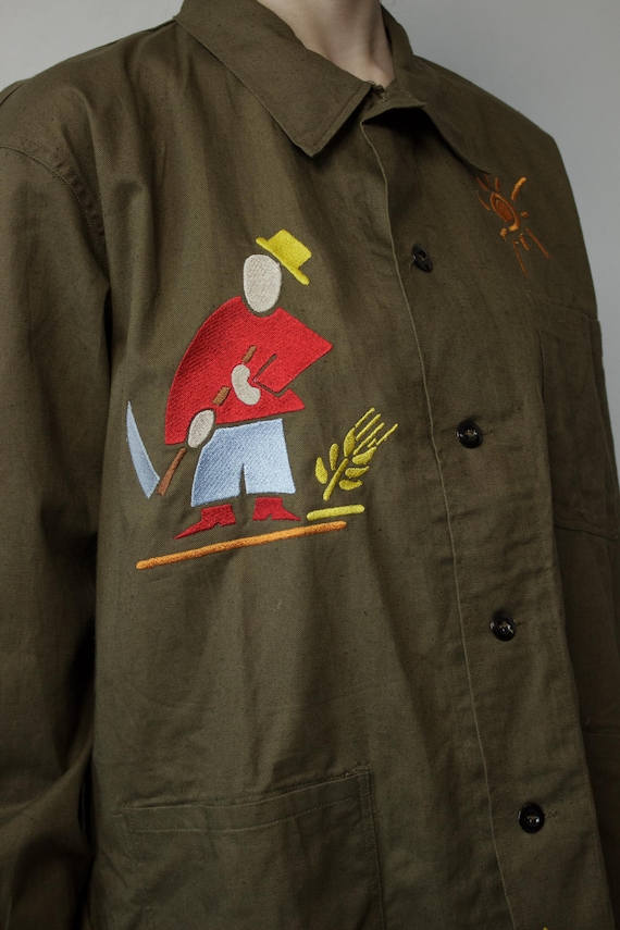 Folk Art Embroidered Reworked Jacket Olive Chore Coat Farmer Modernist Graphic Size L